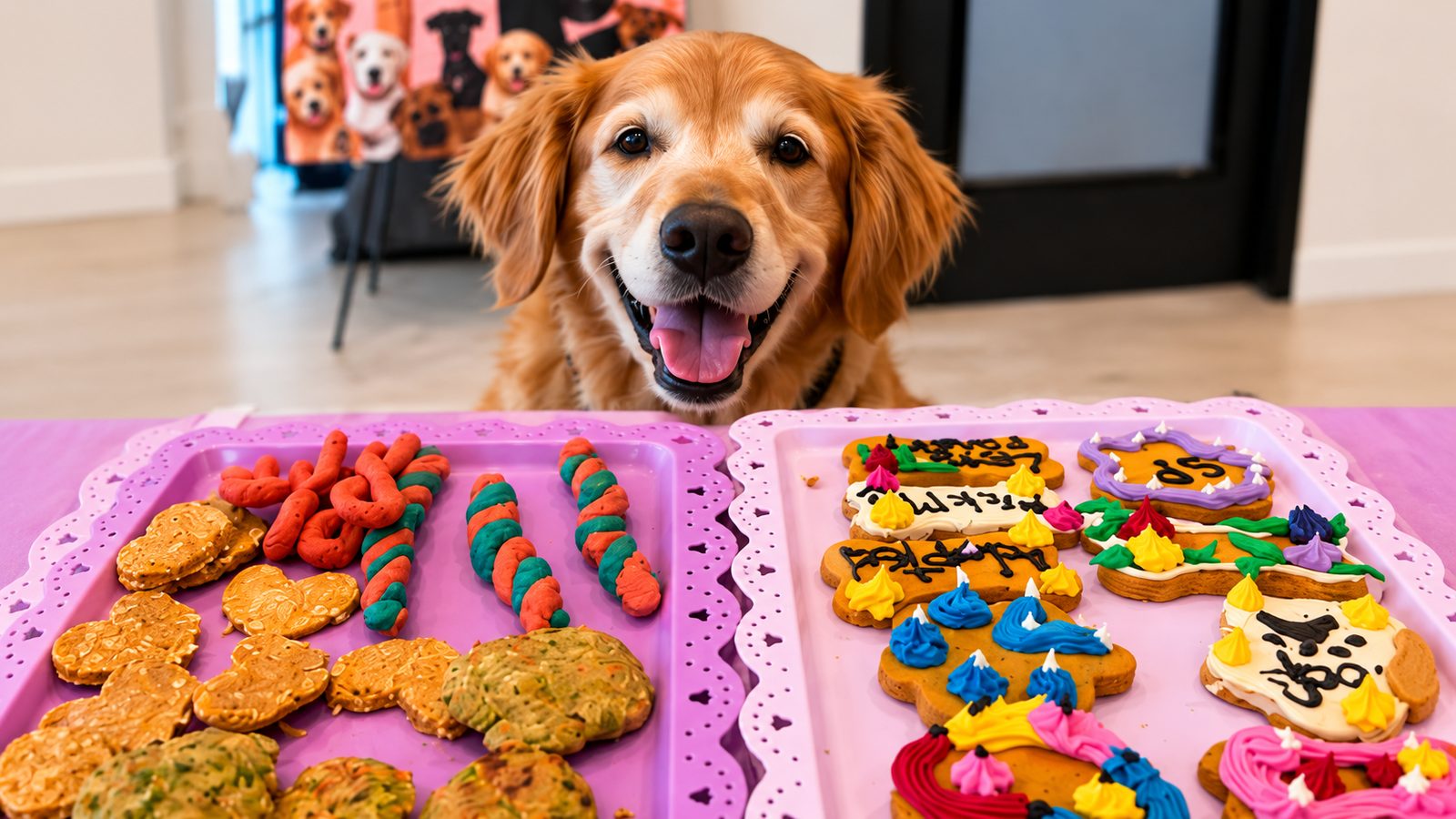 Scooby the golden retriever smiling over trays of homemade dog treats
